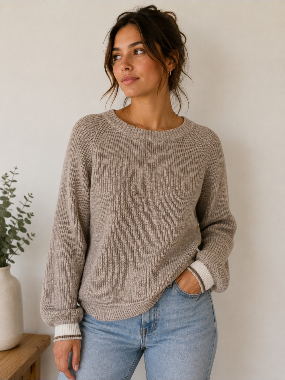 Roots Cabin Chunky Cotton Blend Crewneck Sweater | Oatmeal | Small - Picture 1 of 10